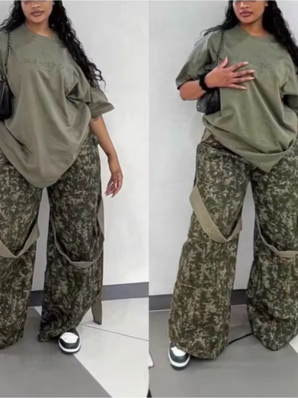 Wide-Leg Cargo Pants in Olive Camo - Women
